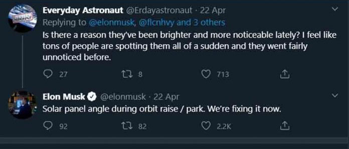 Elon Musk tweet Starlink solar panel brightness fix