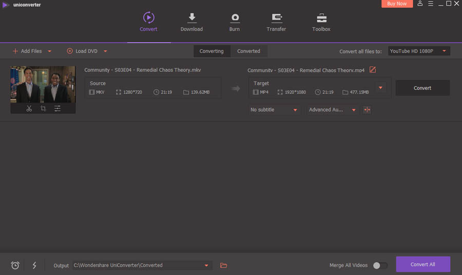 WonderShare UniConverter - Video Conversion example