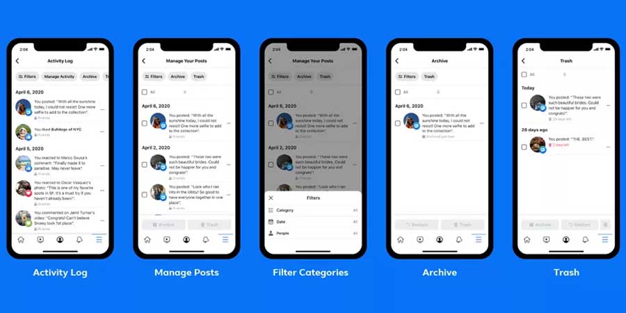 Facebook Manage Activity - manage, filter, archive, trash posts