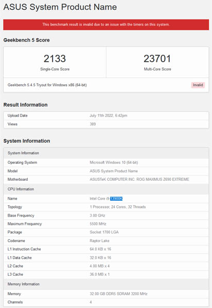 Intel Core i9-13900K Geekbench leak